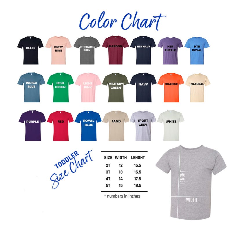K&ouml;nnte beinhalten: Eine Farbkarte f&uuml;r T-Shirts f&uuml;r Kleinkinder mit verschiedenen Farben wie Schwarz, Rot und Marineblau. Das Bild enth&auml;lt eine Gr&ouml;&szlig;entabelle mit Ma&szlig;en in Zoll und den Text "Color Chart" und "Toddler Size Chart".