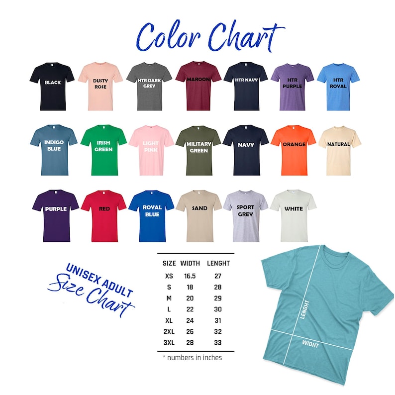 K&ouml;nnte beinhalten: Eine Farbkarte f&uuml;r Unisex-Erwachsenen-T-Shirts, die verschiedene Farben wie Schwarz, Rot und Marineblau zeigt. Das Bild enth&auml;lt eine Gr&ouml;&szlig;entabelle mit Ma&szlig;en in Zoll und den Text "Color Chart" und "Size Chart".