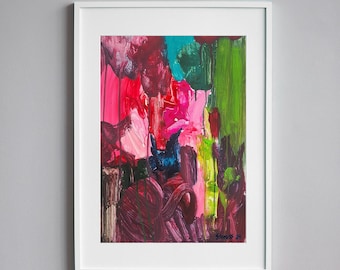 Abstracte pioenrozen bloemen schilderen acryl op papier Botanisch schilderij pioen woondecoratie kunst aan de grote muur