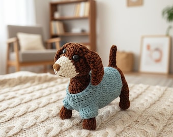 Teckel chenille avec pull, motif PDF au crochet – Chien amigurumi