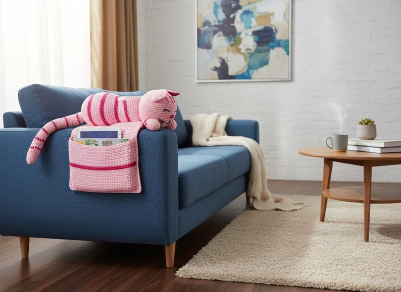 May include: A pink and red crocheted cat-shaped couch organizer with a pocket for storage. The cat is lying on a blue couch. The organizer has a striped body and a smiling face. A tablet and books are in the pocket.