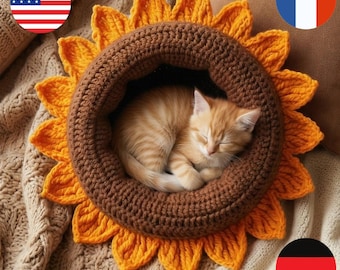 Motif au crochet de lit de chat tournesol PDF - Jolie maison troglodyte confortable avec fleurs et chat - Téléchargement numérique instantané anglais allemand français