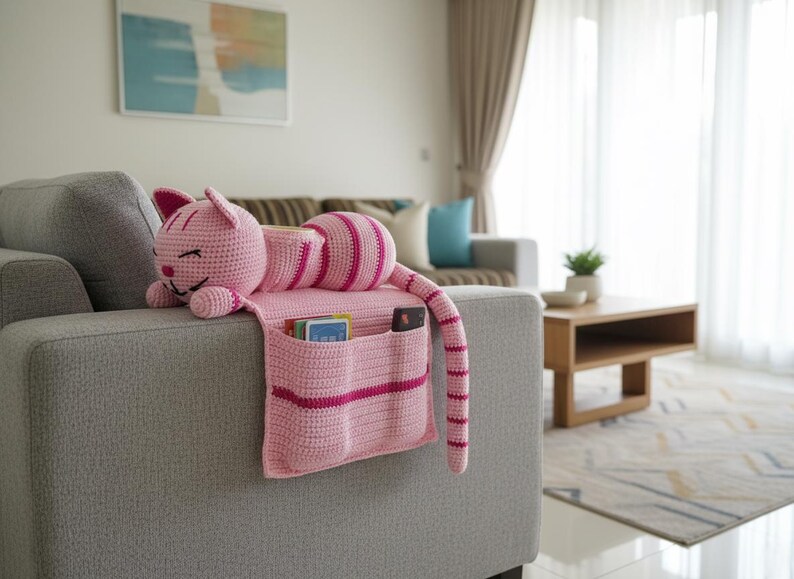 May include: A pink crocheted cat-shaped couch organizer with pockets. The cat has a smiling face, ears, and a striped tail. The organizer is draped over the arm of a gray couch, with pockets holding cards and a remote.