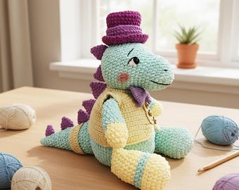 Uroczy pluszowy dinozaur w formacie PDF – Wzór na zabawkę amigurumi z dinozaurem i ubraniami – Angielski PDF