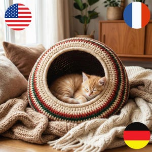 Striped Cat Bed Crochet Pattern PDF – Cozy Dome Cat Cave – Instant Digital Download English, French and German