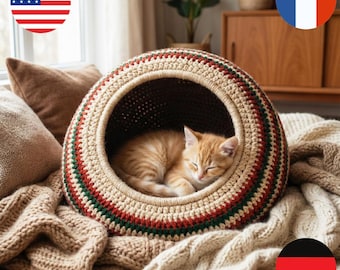 Motif au crochet pour lit de chat à rayures en PDF - Grotte confortable pour chats en forme de dôme - Téléchargement numérique instantané en anglais, français et allemand