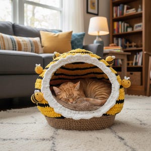 Può includere: Un letto per gatti all'uncinetto con un design a righe gialle e nere, che ricorda un alveare. Il letto ha un bordo bianco smerlato e decorazioni a forma di ape all'uncinetto. Un gatto tigrato arancione dorme all'interno.