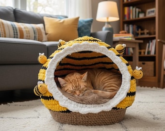 Patron de lit pour chat ruche ruche au crochet PDF - adorable maison troglodyte pour chat - téléchargement numérique instantané