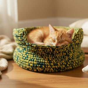 Puede incluir: Un gato atigrado naranja durmiendo descansa en una cama para mascotas de ganchillo hecha a mano. La cama tiene forma redonda con un borde bajo y está hecha de hilo amarillo y verde azulado. El gato está acurrucado dentro de la cama sobre un suelo de madera.