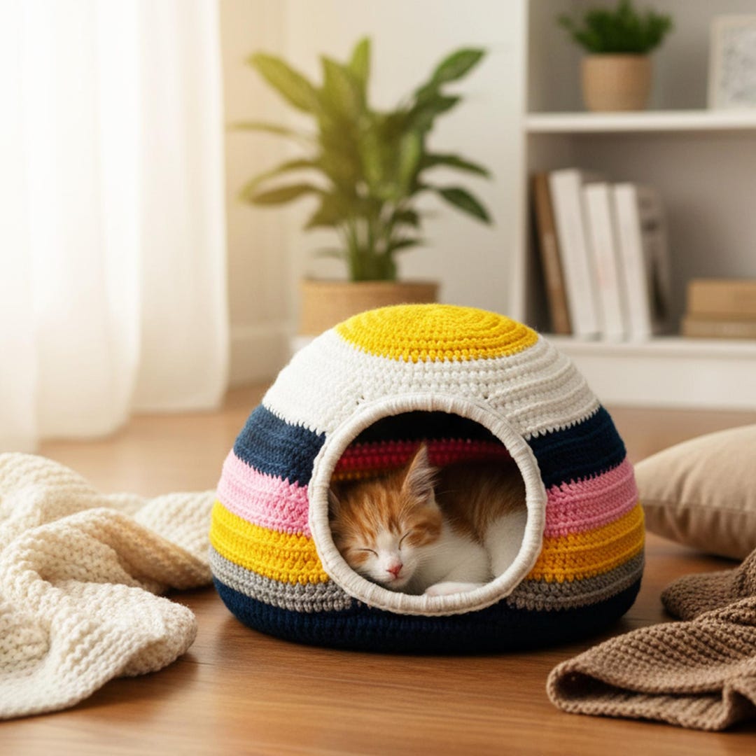 Striped Cat Bed Crochet Pattern PDF – Cozy Dome Cat Cave – Instant ...