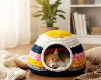 Motif au crochet pour lit de chat à rayures PDF - Grotte confortable pour chats en forme de dôme - Téléchargement numérique instantané en anglais