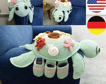 Patron d'organisateur de bras de canapé tortue au crochet PDF - Joli chariot de canapé avec poches et porte-gobelet - PDF au crochet à téléchargement numérique anglais allemand