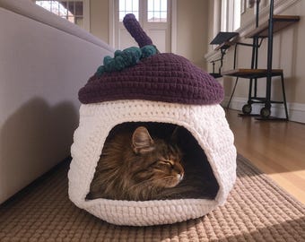 Acorn Cat Bed Crochet Pattern PDF – Cozy Nature Dome Cat Cave – Instant Digital Download English