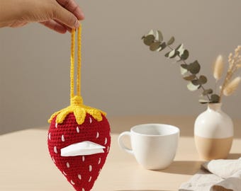 Patron de porte-mouchoirs en crochet aux fraises | Housse en tissu pour siège d'auto et rétroviseur | Décoration de fruits kawaii mignonne | Patron PDF au crochet pour débutants