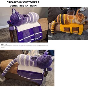 May include: Crocheted cat-shaped armrest drink holders in purple, white, and gray. The cat design includes a head, body, and tail, with a built-in cup holder. The armrest is placed on a couch arm, with a matching crocheted blanket.