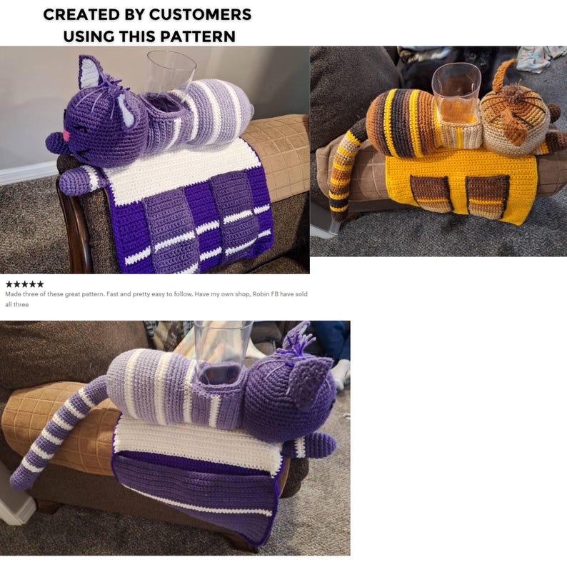 May include: Crocheted cat-shaped armrest drink holders in purple, white, and gray. The cat design includes a head, body, and tail, with a built-in cup holder. The armrest is placed on a couch arm, with a matching crocheted blanket.