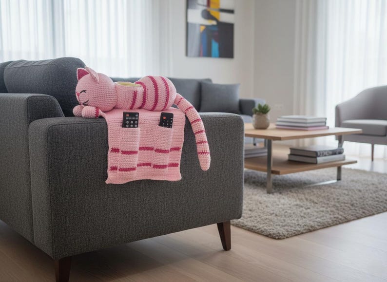 May include: A pink and red crocheted cat-shaped pillow and remote control holder rests on a gray sofa. The cat has striped details and is lying on a pink blanket with pockets for remotes. The room has a modern design.