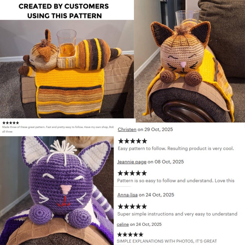 May include: Crocheted cat and bee-themed items. The bee-themed item is a yellow, brown, and tan couch armrest with a cup holder. The cat items are a purple cat and a tan cat head with a yellow blanket. The text reads "CREATED BY CUSTOMERS USING THIS PATTERN."
