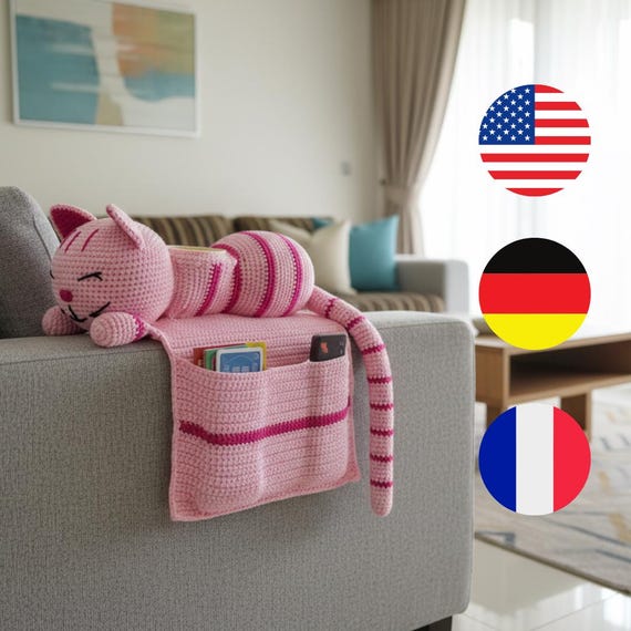 Crochet Cat Sofa Arm Organizer Pattern PDF – Cute Couch Caddy with Pockets & Cup Holder – Digital Download Crochet PDF English German French