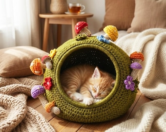 Champignons colorés, lit pour chat, motif au crochet PDF - Adorable maison troglodyte pour chat - Téléchargement numérique instantané