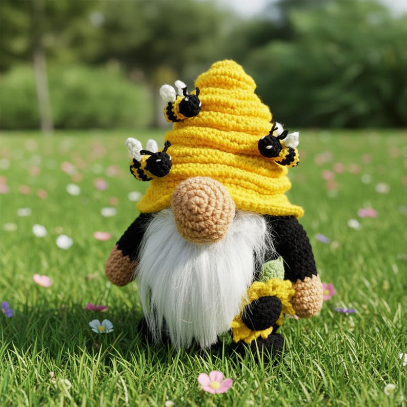 May include: A handmade crochet gnome with a yellow beehive hat and three attached bees. The gnome has a tan nose, white beard, and holds a sunflower. The gnome's arms and legs are black and tan.