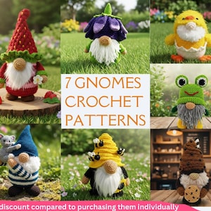 Puede incluir: Una colección de siete patrones de gnomos de ganchillo, cada uno con diseños únicos. Los gnomos presentan varios temas, incluyendo una fresa, una flor, un pollito, una rana, un ratón, una abeja y una galleta. El texto dice "7 Gnomes Crochet Patterns".
