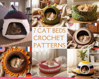 Lot de 7 lits pour chats au crochet en PDF - Grotte confortable pour chats en forme de dôme - Téléchargement numérique instantané en anglais