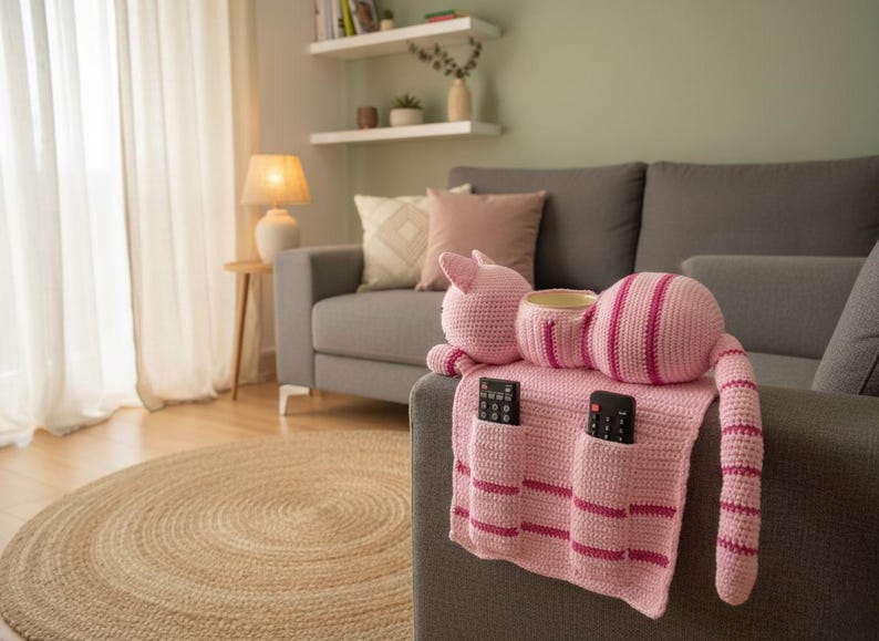 May include: A pink crocheted cat-shaped couch caddy with striped details, holding two remote controls. The caddy has a cup holder and is draped over the arm of a gray sofa. A round jute rug is on the floor.