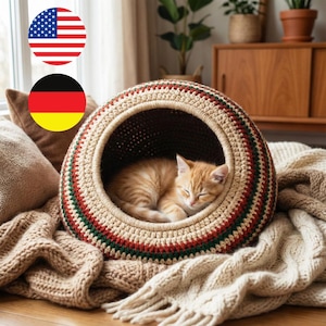 Gestreiftes Katzenbett Häkelanleitung - Cozy Dome Cat Cave - Sofortiger digitaler Download Englisch und Deutsch