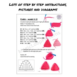 May include: A crochet pattern page with the title "EARS - MAKE X 2" and instructions. The page includes step-by-step instructions, diagrams, and images of the crochet process. The text is in black, with pink crochet examples.