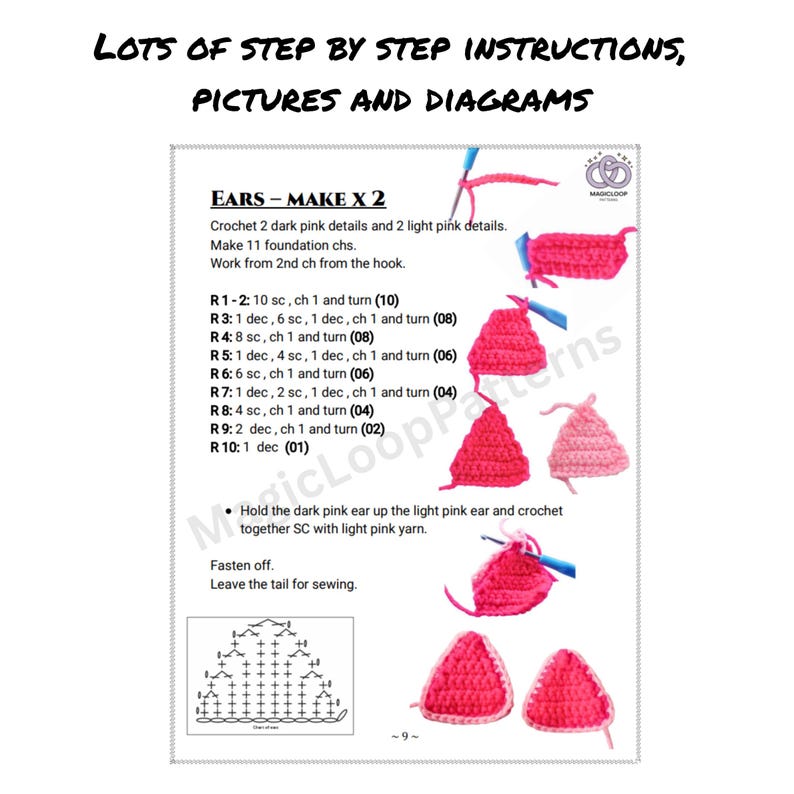 May include: A crochet pattern page with the title "EARS - MAKE X 2" and instructions. The page includes step-by-step instructions, diagrams, and images of the crochet process. The text is in black, with pink crochet examples.