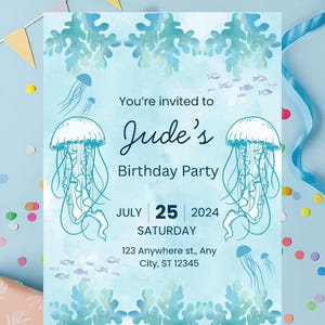 Blue Jellyfish Birthday Invite, Under the Sea Invitation, Ocean Party, Kids Birthday, Birthday Celebration, Instant Download, Template