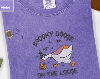 Comfort Colors® Embroidered Spooky Goose Shirt, Halloween T-Shirt, Witchy Silly Goose Lover Tee, Trendy Meme Shirt, Spooky Season Sweatshirt