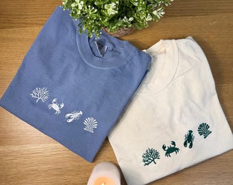 Ocean Embroidered Shirt – Coastal Crab Coral Tee on Comfort Colors, Minimal Beachwear, Summer Gift, Sea Life Shirt for Her or Him