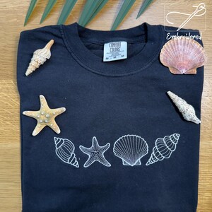 Coastal Embroidered Shirt, Seashell & Starfish Tee, Beach Vibes Top, Custom Thread Color, Ocean Aesthetic, Cute Embroidered Summer Gift Idea