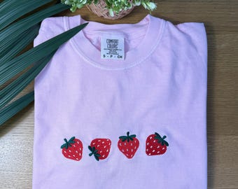 Strawberry Embroidered Shirt – Comfort Colors Fruit Tee, Cute Cottagecore Aesthetic, Minimal Summer Gift for Her or Teen