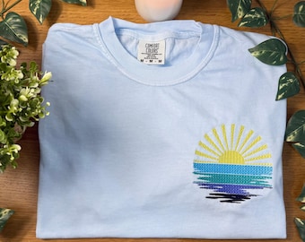 Sunset Embroidered Shirt – Comfort Colors Coastal Tee or Sweatshirt, Minimal Summer Vibes Gift, Beach Aesthetic for Everyone