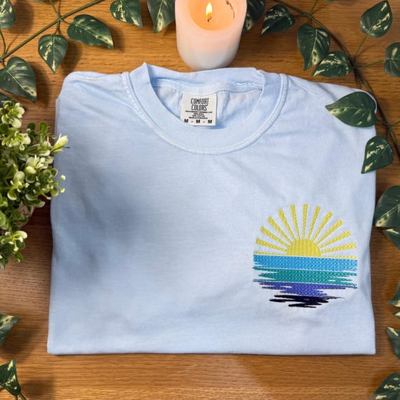 Sunset Embroidered Shirt – Comfort Colors Coastal Tee or Sweatshirt, Minimal Summer Vibes Gift, Beach Aesthetic for Everyone