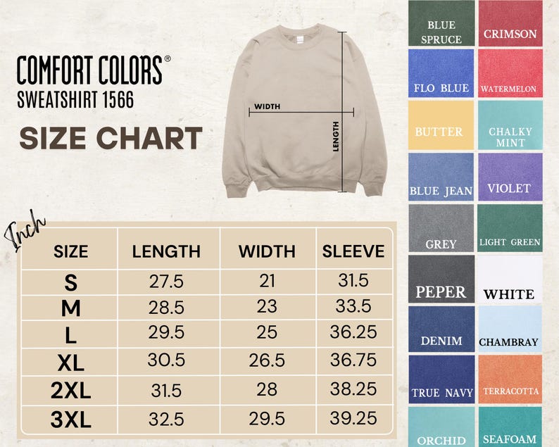 Comfort Colors Sweatshirt Size And Color Chart