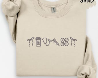 Sudadera bordada para enfermeras / Sudadera con cuello redondo con iconos de enfermería / Regalos para enfermeras / Camiseta de enfermera titulada / Bordado médico / Camiseta de enfermera titulada