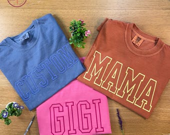 Comfort Colors® Personalized Embroidered Gigi T-Shirt, Custom Mama Sweatshirt, New Grandma Gift, College Block Embroidery, Mother's Day Gift