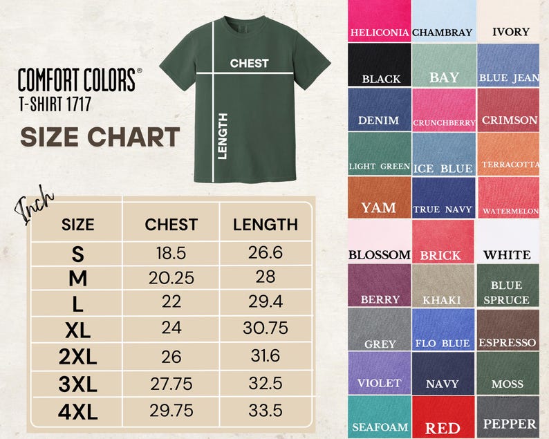 Comfort Colors T-shirt Size And Color Chart
