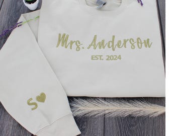 Custom Embroidered Mrs. Name Sweatshirt, Personalized Couples Hoodie, Crewneck Bride to Be Gift, Anniversary Gift, Initial With Heart Sleeve