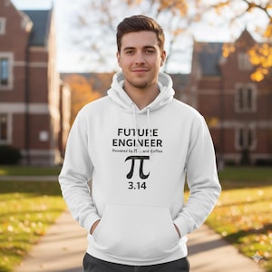 Puede incluir: Sudadera con capucha blanca con el texto "FUTURE ENGINEER" encima del símbolo pi y el número 3.14. El texto "Powered by Pi...and Coffee" también está impreso en la parte delantera. La sudadera tiene un bolsillo delantero y una capucha con cordón.