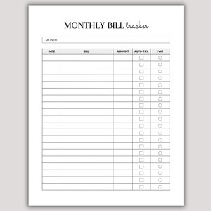Pode incluir: Uma folha imprimível de rastreamento mensal de contas com texto e linhas pretas sobre fundo branco. O cabeçalho diz MONTHLY BILL tracker seguido de um campo para o mês. Inclui colunas para data, conta, valor, caixas de seleção de pagamento automático e círculos de pagamento.