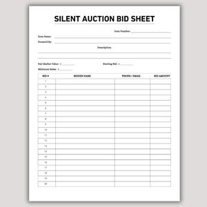 Pode incluir: Uma folha de papel para leilão silencioso com texto e linhas pretas. O cabeçalho diz SILENT AUCTION BID SHEET. Inclui campos para nome do item, doador, descrição, valor de mercado, lance inicial, aumento mínimo e uma tabela de lances.