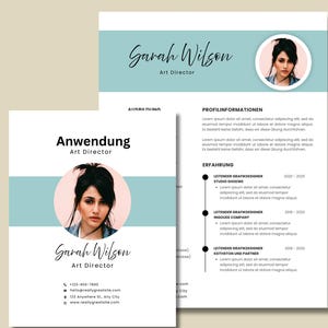 Może przedstawiać: Zestaw wizytówki i CV z nazwiskiem "Sarah Wilson" i tytułem "Art Director". Projekt wykorzystuje jasnoniebieską i białą kolorystykę i zawiera zdjęcie kobiety. CV zawiera sekcje dla "Profilinformationen" i "Erfahrung."