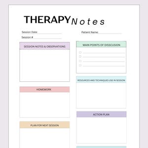 Puede incluir: Una plantilla blanca de notas de terapia con texto en negro y encabezados de colores. Las secciones incluyen Session Date, Patient Name, Session #, Session Notes & Observations, Main Points of Disscusion, Homework, Resources and Techniques Use in Session, Action Plan, Plan for Next Session y Client Goals.