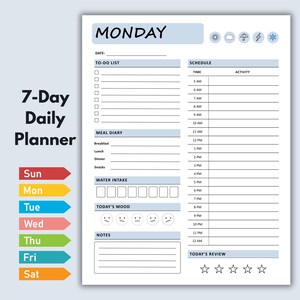 May include: A 7-day daily planner page with a Monday header, weather icons, and sections for a to-do list, meal diary, water intake, mood tracker, schedule from 5 AM to 12 AM, notes, and a review section with five stars, accompanied by seven colored day tabs.