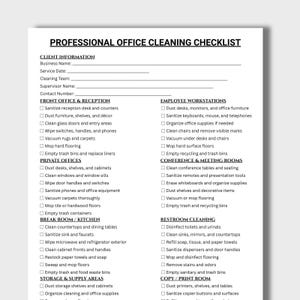以下が含まれることがあります： 「PROFESSIONAL OFFICE CLEANING CHECKLIST」と題された印刷されたチェックリスト。顧客情報と清掃タスクのセクションがあります。受付、個室、休憩室、従業員のワークステーション、トイレなどのエリアが含まれています。